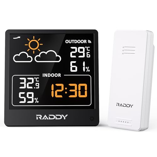 Raddy WF-50 Wetterstation Funk innen und außen, batteriebetriebener Temperatur- und Luftfeuchtigkeitsmesser mit 5,0”-TN-Display, Wettervorhersage, Funk-Fernsensor (Schwarz) von Raddy