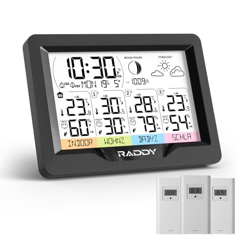 Raddy WF-60M Wetterstation Funk mit 3 Außensensoren, Thermometer für Innen- und Außenbereich mit Luftfeuchtigkeits- und Barometerüberwachung, DIY Sensornamen, Wettervorhersage, DCF-Atomuhr Raddy WF-60M Wetterstation Funk mit 3 Außensensoren, Thermometer für Innen- und Außenbereich mit Luftfeuchtigkeits- und Barometerüberwachung, DIY Sensornamen, Wettervorhersage, DCF-Atomuhr von Raddy