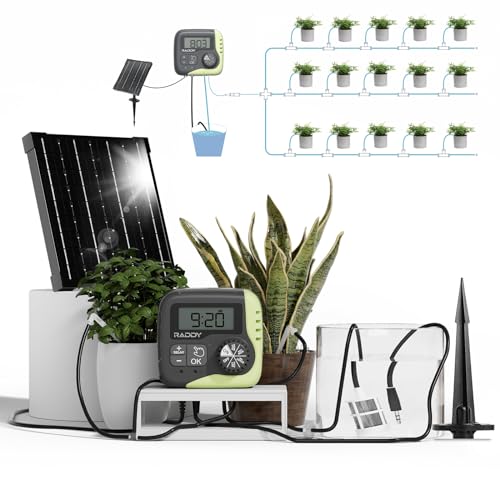Raddy WS-1 Automatisches Bewässerungssystem, Solar-Drip-Bewässerungsset mit 2600mAh Batterie, programmierbarem Timer, automatischem Tropfbewässerungssystem für 15 Topfpflanzen im Gewächshaus von Raddy