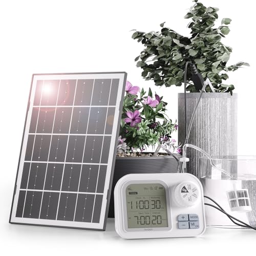 Raddy WS-7 Solar-Automatische Bewässerungssystem, IPX7-Wasserdichtigkeit, Bewässerung für 15 Topfpflanzen, mit Bodenfeuchtigkeitserkennung, 2600-mAh-Akku, Großes Display für Innen Außen, Balkon von Raddy