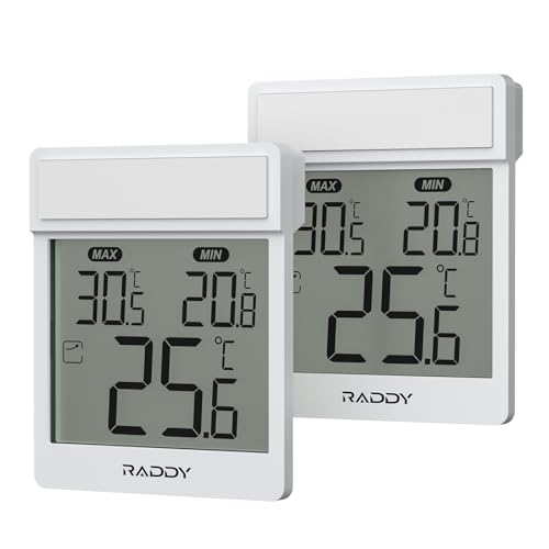 Raddy WT-1 Fenster-Thermometer mit Transparentem LCD, IP44 Wetterfest, Max/Min Datensätze, Batteriebetriebenes Digitalthermometer für Innen & Außen, ideal für Gewächshausfenster, 2er-Set, Weiß von Raddy