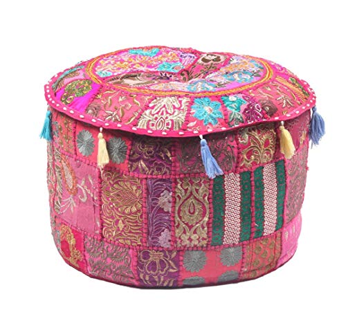 Radhykrishnafashions Vintage-bestickter Pouf-Ottoman-Fußhocker-Bezug, indischer runder Ottoman-Hocker, Pouf-Kissen, ethnischer bestickter Pouf-Bezug, Kissen, ethnische Dekoration, Kunst, 33 x 45 cm von Radhykrishnafashions