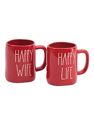 Rae Dunn 2-teiliges Valentinstag-Tassen-Set aus Keramik (Happy Wife/Happy Life/Rot) von Rae Dunn