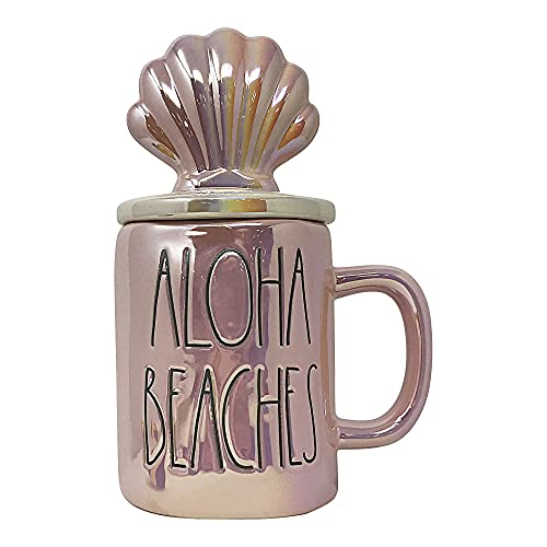 Rae Dunn Kaffeebecher mit dekorativem Keramikdeckel (Aloha Beachs/Pink Irisierend) von Rae Dunn