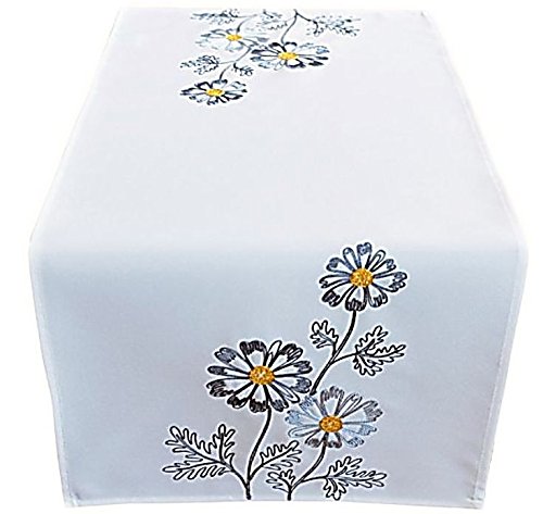 Raebel OHG Tischdecke 40x85 cm Wollweiß Blumen Grau gestickt Tischläufer Läufer Frühling Sommer (40 x 85 cm) von Raebel OHG