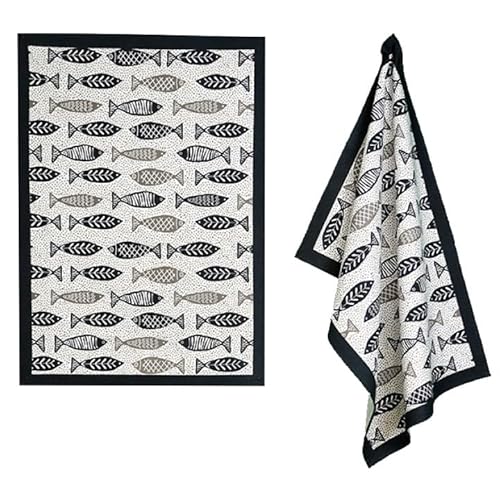 2er Pack Geschirrtücher Küchentücher Trockentücher 50 x 70 cm Baumwolle saugstark weiß schwarz Design Fische von Raebel OHG
