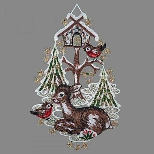 Fensterbild Fensterdeko Fensteranhänger aus Spitze Plauener Stickerei Herbst Weihnachten verschiedene Motive mit Saugnapf (Rehlitz mit Vogel) von Raebel OHG