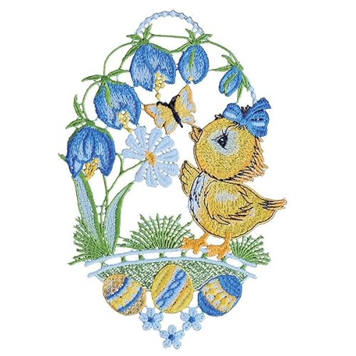 Fensterbild Plauener Stickerei "Küken mit blauen Blümchen"+Saughaken Fensterbild Plauener Stickerei "Küken mit blauen Blümchen"+Saughaken von Raebel OHG