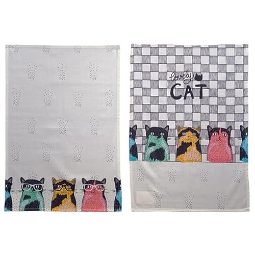 Raebel OHG 2er Set Geschirrtücher Küchentücher Trockentücher Topflappen Ofenhandschuhe Bedruckt mit Katzen Ecru bunt (2er Set Geschirrtücher) von Raebel OHG