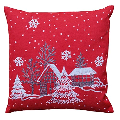 Raebel OHG Kissenhülle Kissenbezug Stickerei Winterdorf Tanne Weihnachten weiß Deko (Rot, 40 x 40 cm Kissenhülle) von Raebel OHG