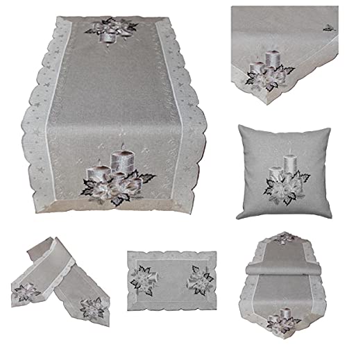 Raebel OHG Tischdecke Mitteldecke Deckchen Tischläufer Kissenhülle Weihnachten Silber grau Bestickt mit Kerzen (40 x 40 cm Kissenhülle) von Raebel OHG