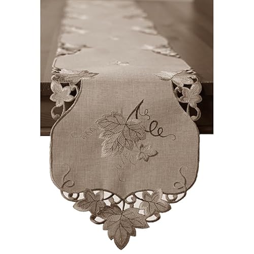 Tischdecke Mitteldecke Tischläufer Deckchen Kissenhülle Herbst beige braun Bestickt mit Blättern Leinenoptik (25 x 160 cm Tischband) von Raebel OHG