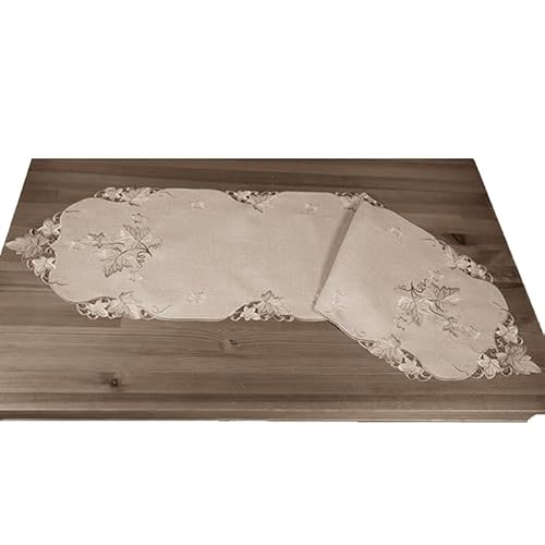 Tischdecke Mitteldecke Tischläufer Deckchen Kissenhülle Herbst beige braun Bestickt mit Blättern Leinenoptik (40 x 140 cm) von Raebel OHG