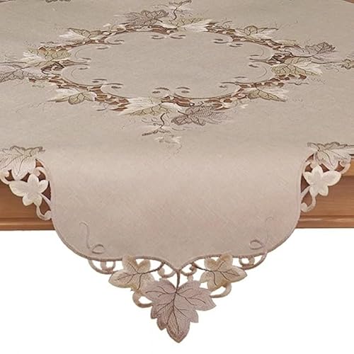 Raebel OHG Tischdecke Mitteldecke Tischläufer Deckchen Kissenhülle Herbst beige braun Bestickt mit Blättern Leinenoptik (85 x 85 cm) von Raebel OHG