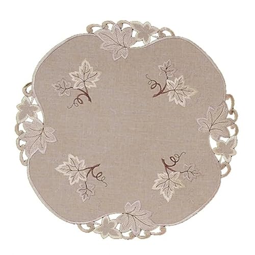 Tischdecke Mitteldecke Tischläufer Deckchen Kissenhülle Herbst beige braun Bestickt mit Blättern Leinenoptik (rund 60 cm) von Raebel OHG