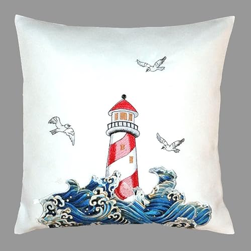 Raebel OHG Tischdecke Mitteldecke Tischläufer Kissenhülle Maritime Stickerei/Applikationen Wellen und Leuchtturm blau Weiss (Kissenhülle 40 x 40 cm) von Raebel OHG