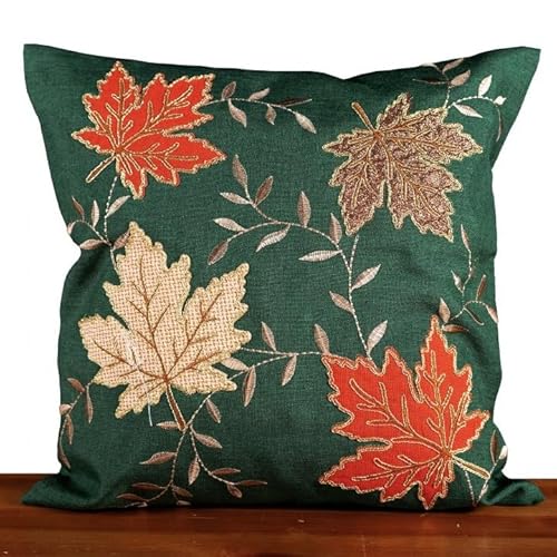 Tischdecke Mitteldecke Tischläufer Tischband Kissenhülle Herbst grün Gold Stickerei / Applikation Blätter (Kissenhülle 40 x 40 cm) von Raebel OHG