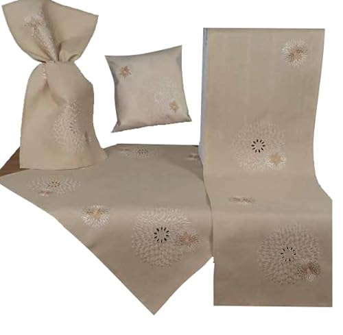 Raebel OHG Tischdecke Mitteldecke Tischläufer einfarbig beige Hellbraun Bestickt mit modernen runden Ornamenten pflegeleicht (40 x 90 cm) von Raebel OHG