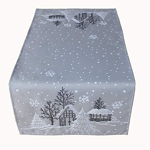 Raebel OHG Tischdecke Stickerei Winterdorf Tanne Weihnachten weiß Deko Weihnachtstischdecke (hellgrau-weiß, 85 x 85 cm) von Raebel OHG