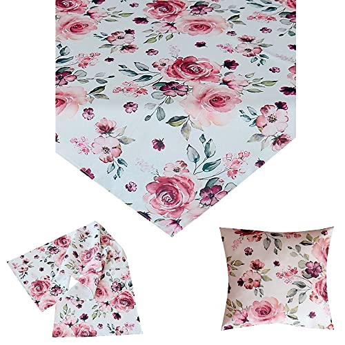 Raebel OHG Tischdecke Tischläufer Mitteldecke Kissenhülle erfrischende Rosen in rosa auf weißem Untergrund (40 x 140 cm), Rosa und Grün Töne von Raebel OHG