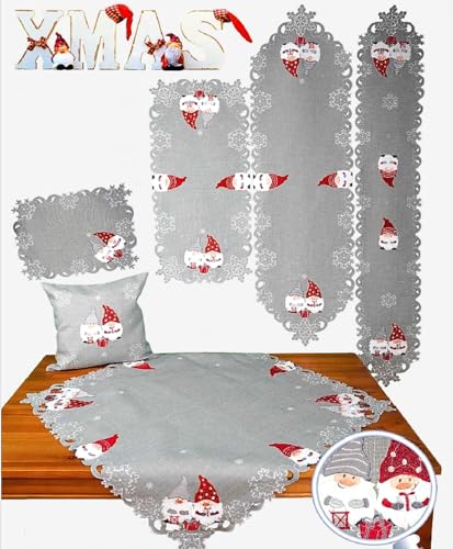 Raebel OHG Tischläufer Mitteldecke Kissenhülle Tischset Weihnachten hell grau Bestickt mit Wichtelmännchen (40 x 140 cm) von Raebel OHG