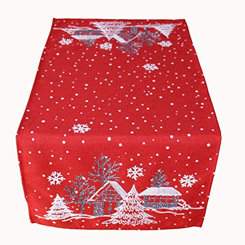 Raebel OHG Tischläufer Stickerei Winterdorf Tanne Weihnachten weiß Deko Weihnachtstischdecke (rot-weiß, 40 x 85 cm) von Raebel OHG