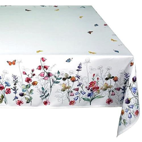 Tischdecke Mitteldecke Tafeltuch Größen bis 225 cm Frühling Sommer wollweiß Bunte Blumen und Schmetterlinge (130 x 225 cm) von Raebel OHG