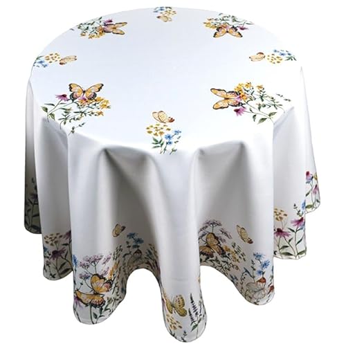 Tischdecke Mitteldecke Tafeltuch rund 130, 150, 170 cm Frühling Sommer weiß Bedruckt mit gelben Schmetterlinge und bunten Blumen (170 cm) von Raebel OHG