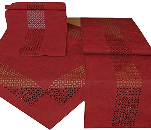 Tischdecke Mitteldecke Tisch0läufer Kissenhülle Leinenoptik dunkelrot meliert mit dekorativer Lochstanzung Durchbrochene Ornamente (40 x 140 cm) von Raebel OHG