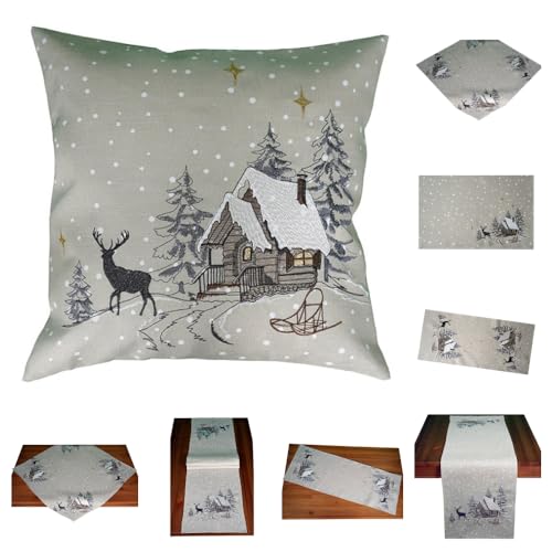 Tischdecke Mitteldecke Tischläufer (Längen bis 2 m) Kissenhülle Tischset Winter Ecru beige Bestickt mit Motiv Winterwald Elch goldene Sterne (85 x 85 cm) von Raebel OHG