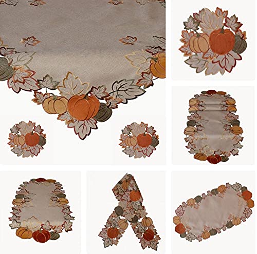 Tischdecke Mitteldecke Tischläufer Deckchen Aufleger Herbst beige Lurexfäden Bestickt mit Kürbis Motiv (30 cm rund) von Raebel OHG