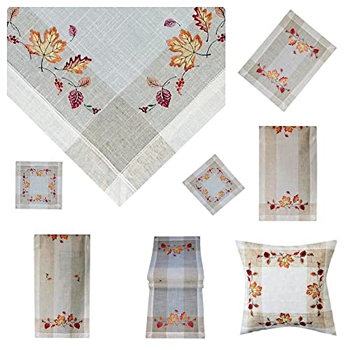 Tischdecke Mitteldecke Tischläufer Deckchen Kissenhülle Herbst 15% Leinen beige Bestickt mit Ahorn und Buchen Blättern ín herbstlichen Farben (Kissenhülle 40 x 40 cm) von Raebel OHG