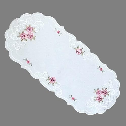 Tischdecke Mitteldecke Tischläufer Deckchen rund oval Elegante Rosenromantik mit Glanzstickerei weiß rosa (30 x 70 cm) von Raebel OHG