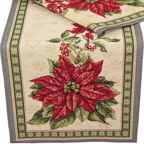 Tischdecke Mitteldecke Tischläufer Gobelin Winter Weihnachtsstern Ecru rot Baumwollmischung (35 x 100 cm) von Raebel OHG