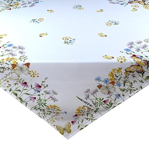 Tischdecke Mitteldecke Tischläufer Kissenhülle Frühling Sommer weiß Bedruckt mit gelben Schmetterlingen und bunten Blumen (85 x 85 cm) von Raebel OHG