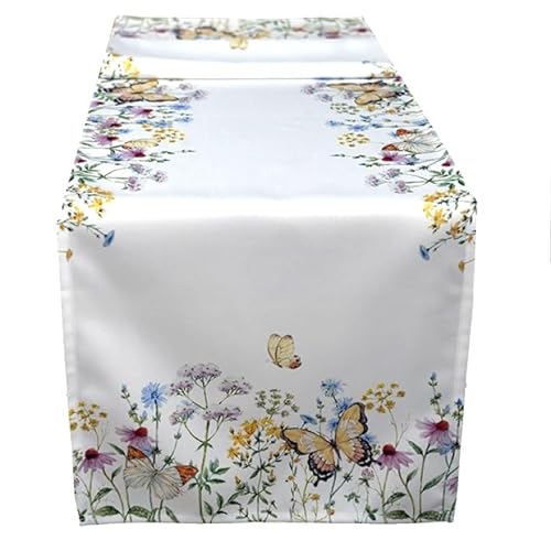 Tischdecke Mitteldecke Tischläufer Kissenhülle Frühling Sommer wollweiß Bedruckt mit gelben Schmetterlingen und bunten Blumen (40 x 140 cm) von Raebel OHG