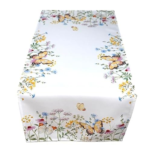 Tischdecke Mitteldecke Tischläufer Kissenhülle Frühling Sommer weiß Bedruckt mit gelben Schmetterlingen und bunten Blumen (40 x 90 cm) von Raebel OHG
