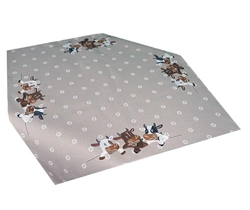Tischdecke Mitteldecke Tischläufer Kissenhülle Kühe Kurbelstickerei beige braun mit weißen Blümchen (85 x 85 cm) von Raebel OHG