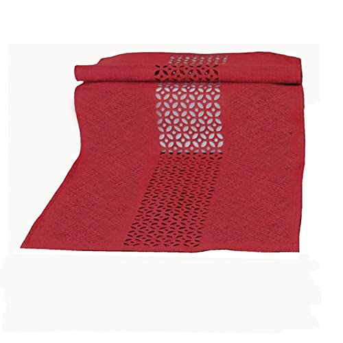 Tischdecke Mitteldecke Tischläufer Kissenhülle Leinenoptik dunkelrot meliert mit dekorativer Lochstanzung Durchbrochene Ornamente (40 x 90 cm) von Raebel OHG