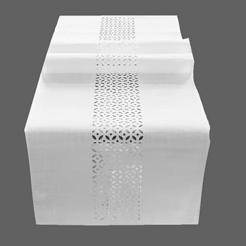 Tischdecke Mitteldecke Tischläufer Kissenhülle Leinenoptik wollweiß meliert mit dekorativer Lochstanzung Durchbrochene Ornamente (40 x 140 cm) von Raebel OHG