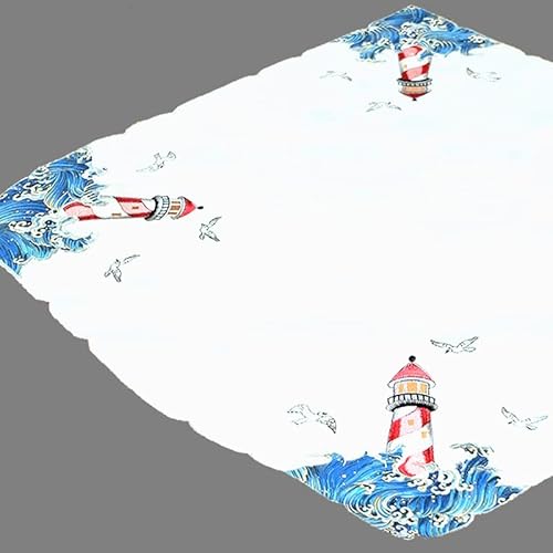 Tischdecke Mitteldecke Tischläufer Kissenhülle Maritime Stickerei/Applikationen Wellen und Leuchtturm blau Weiss (85 x 85 cm) von Raebel OHG