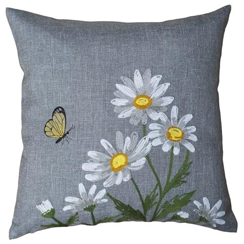 Tischdecke Mitteldecke Tischläufer Kissenhülle grau geblümt Kurbelstickerei mit weißen Margeriten und gelbem Schmetterling (Kissenhülle 40 x 40 cm) von Raebel OHG