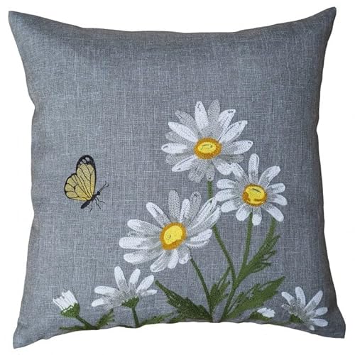 Raebel OHG Tischdecke Mitteldecke Tischläufer Kissenhülle grau geblümt Kurbelstickerei mit weißen Margeriten und gelbem Schmetterling (Kissenhülle 40 x 40 cm) von Raebel OHG