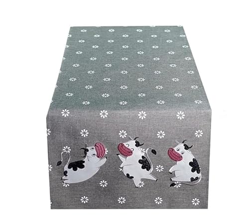 Tischdecke Mitteldecke Tischläufer Kissenhülle lustige Kühe Applikation / Stickerei grau mit weißen Blümchen (40 x 140 cm) von Raebel OHG