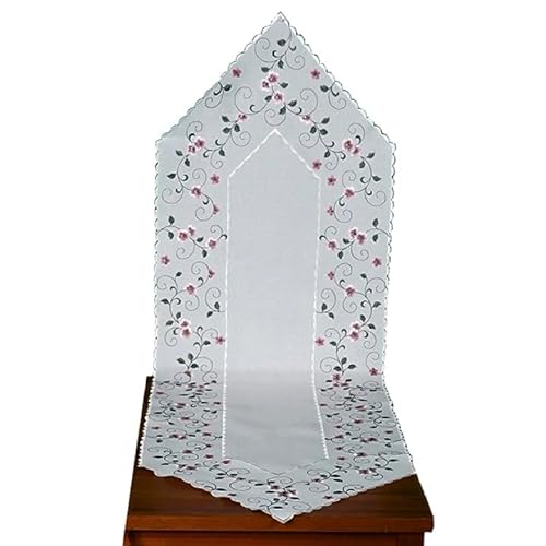 Tischdecke Mitteldecke Tischläufer Kissenhülle wollweiß Blumenornamente Bestickt mit rosa Blüten und grünen Ranken (40 x 140 cm) von Raebel OHG