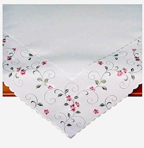 Tischdecke Mitteldecke Tischläufer Kissenhülle wollweiß Blumenornamente Bestickt mit rosa Blüten und grünen Ranken (85 x 85 cm) von Raebel OHG