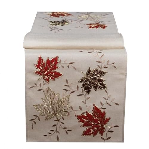 Tischdecke Mitteldecke Tischläufer Tischband Kissenhülle Herbst beige Gold Stickerei / Applikation Blätter (40 x 150 cm) von Raebel OHG
