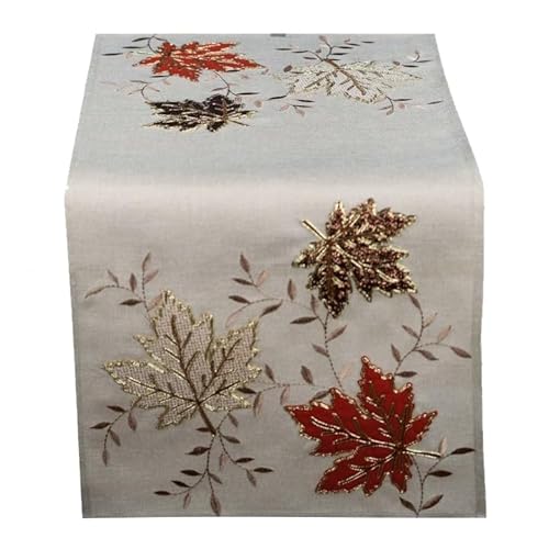 Tischdecke Mitteldecke Tischläufer Tischband Kissenhülle Herbst beige Gold Stickerei / Applikation Blätter (40 x 90 cm) von Raebel OHG
