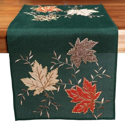 Tischdecke Mitteldecke Tischläufer Tischband Kissenhülle Herbst grün Gold Stickerei / Applikation Blätter (40 x 140 cm) von Raebel OHG