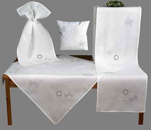 Tischdecke Mitteldecke Tischläufer einfarbig weiß Bestickt mit modernen runden Ornamenten pflegeleicht (40 x 90 cm) von Raebel OHG